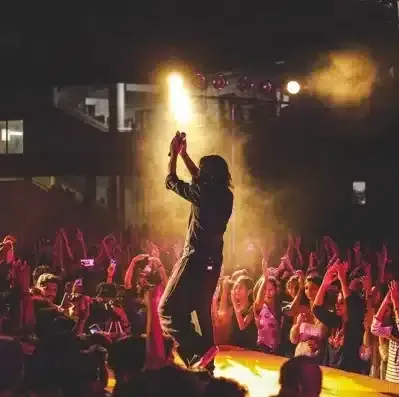 Singer on stage before a dancing crowd under bright lights