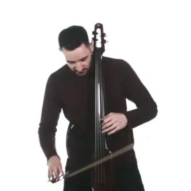 Electric cellist in black bowing an upright electric cello