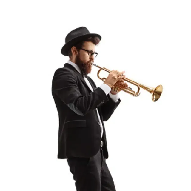 Trumpeter in a hat and dark suit playing a trumpet