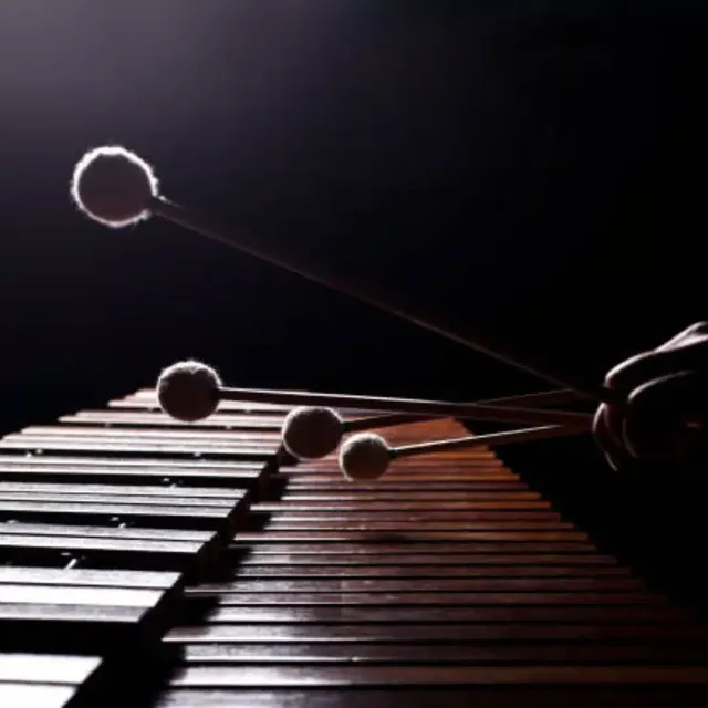 Mallets striking the wooden bars of a xylophone