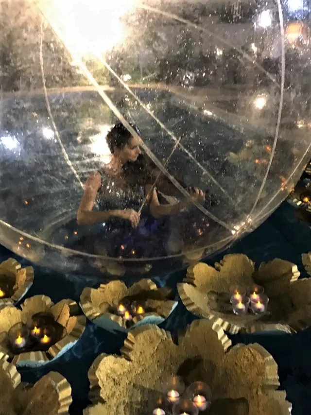 Violinist inside a transparent bubble floating among golden lotus decor